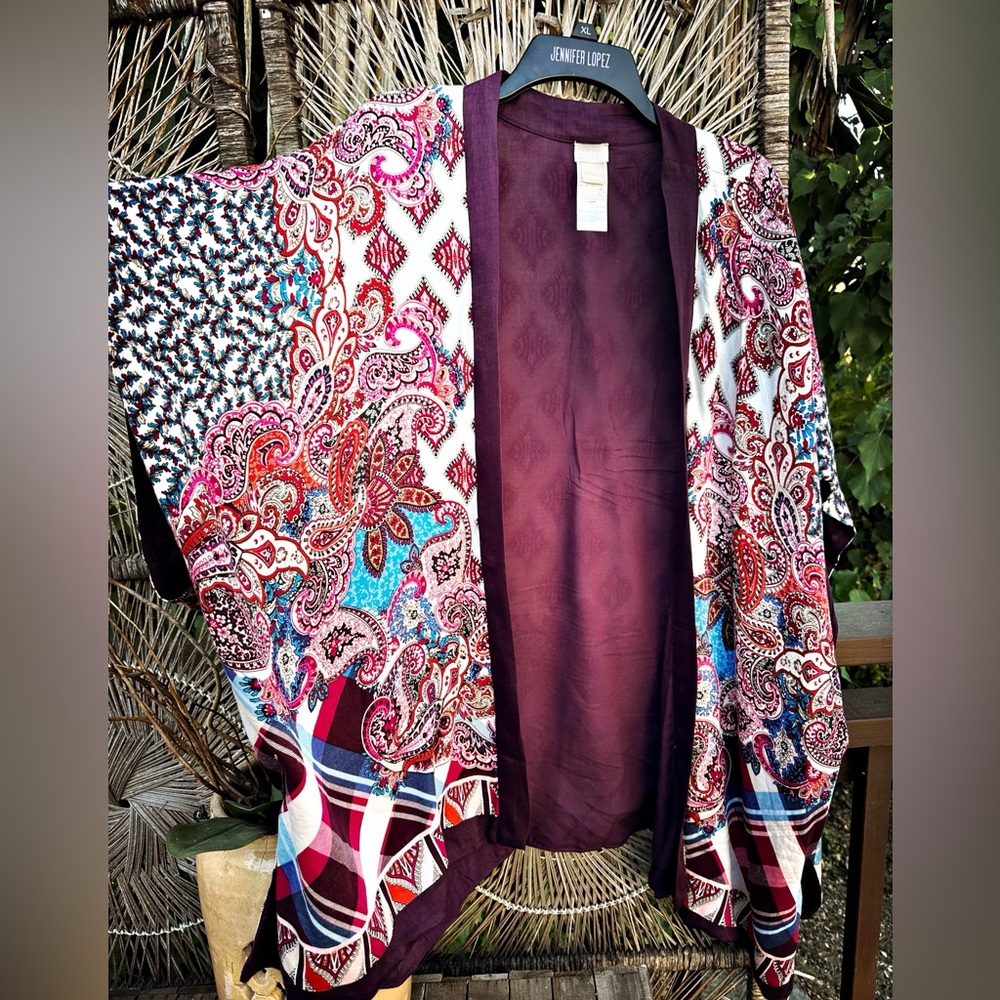 Kimono topper in Red, White & turquoise print